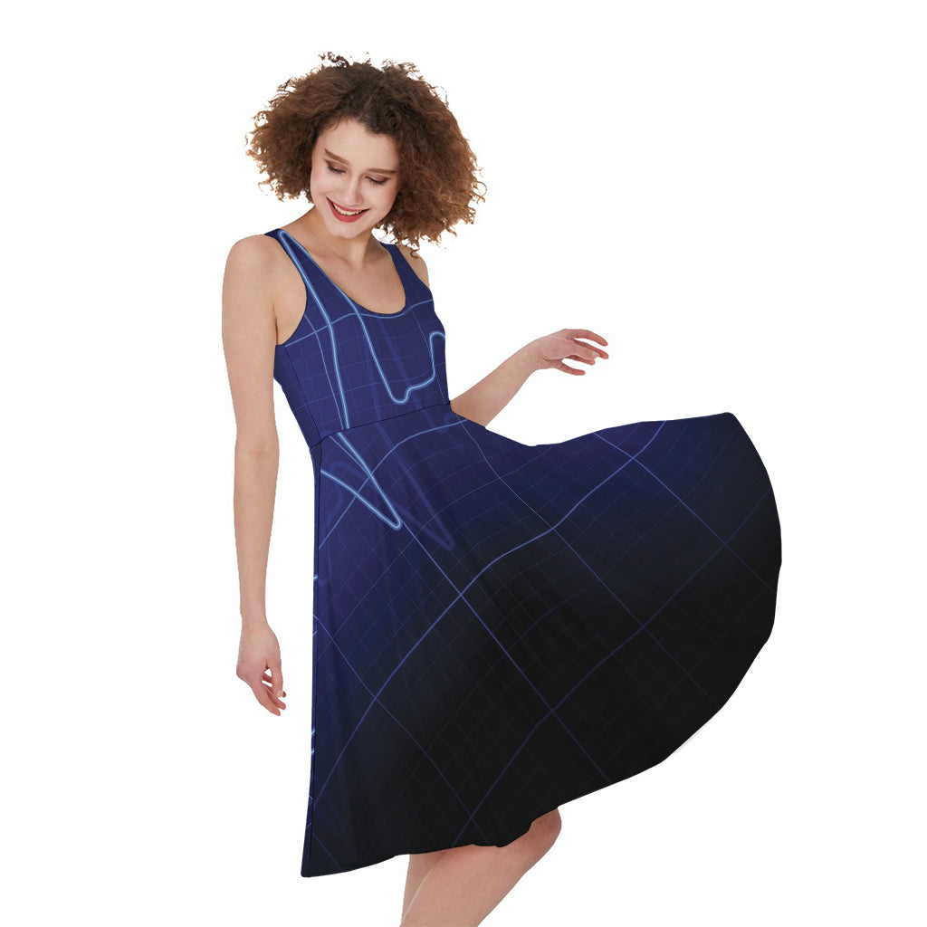 Blue Heartbeat Print Women's Sleeveless Dress