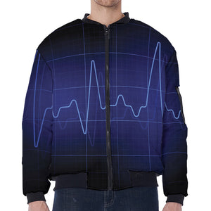 Blue Heartbeat Print Zip Sleeve Bomber Jacket