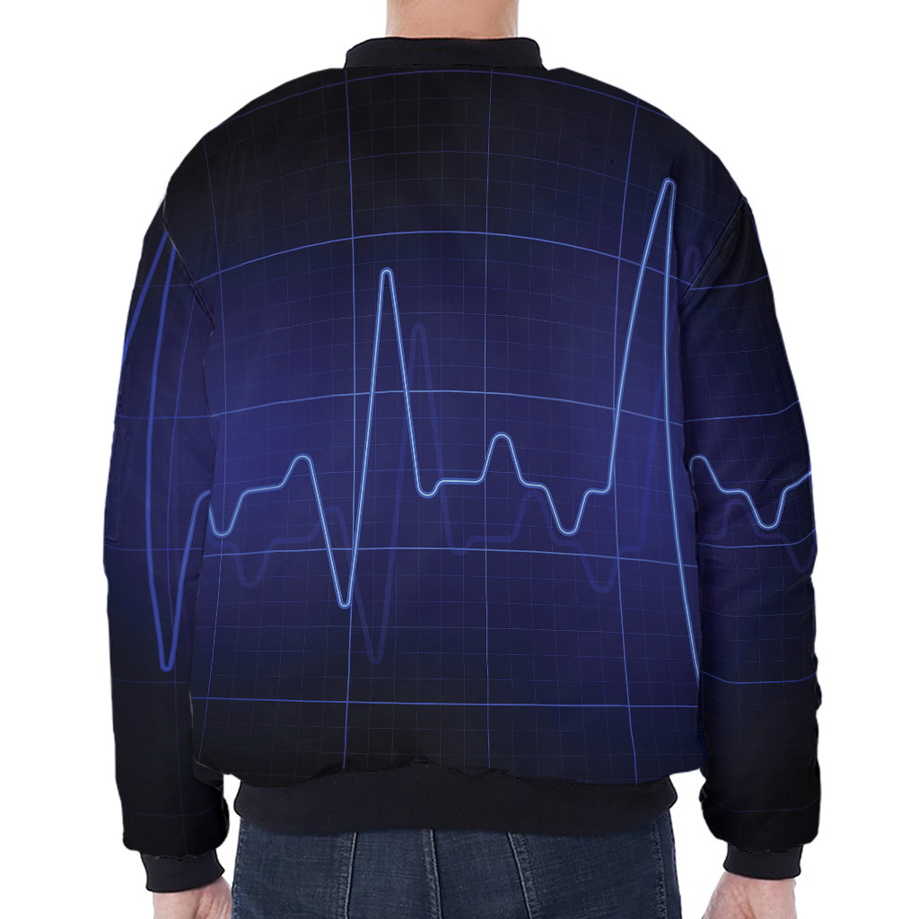 Blue Heartbeat Print Zip Sleeve Bomber Jacket