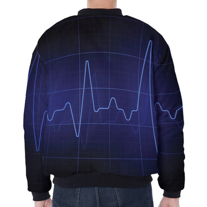 Blue Heartbeat Print Zip Sleeve Bomber Jacket