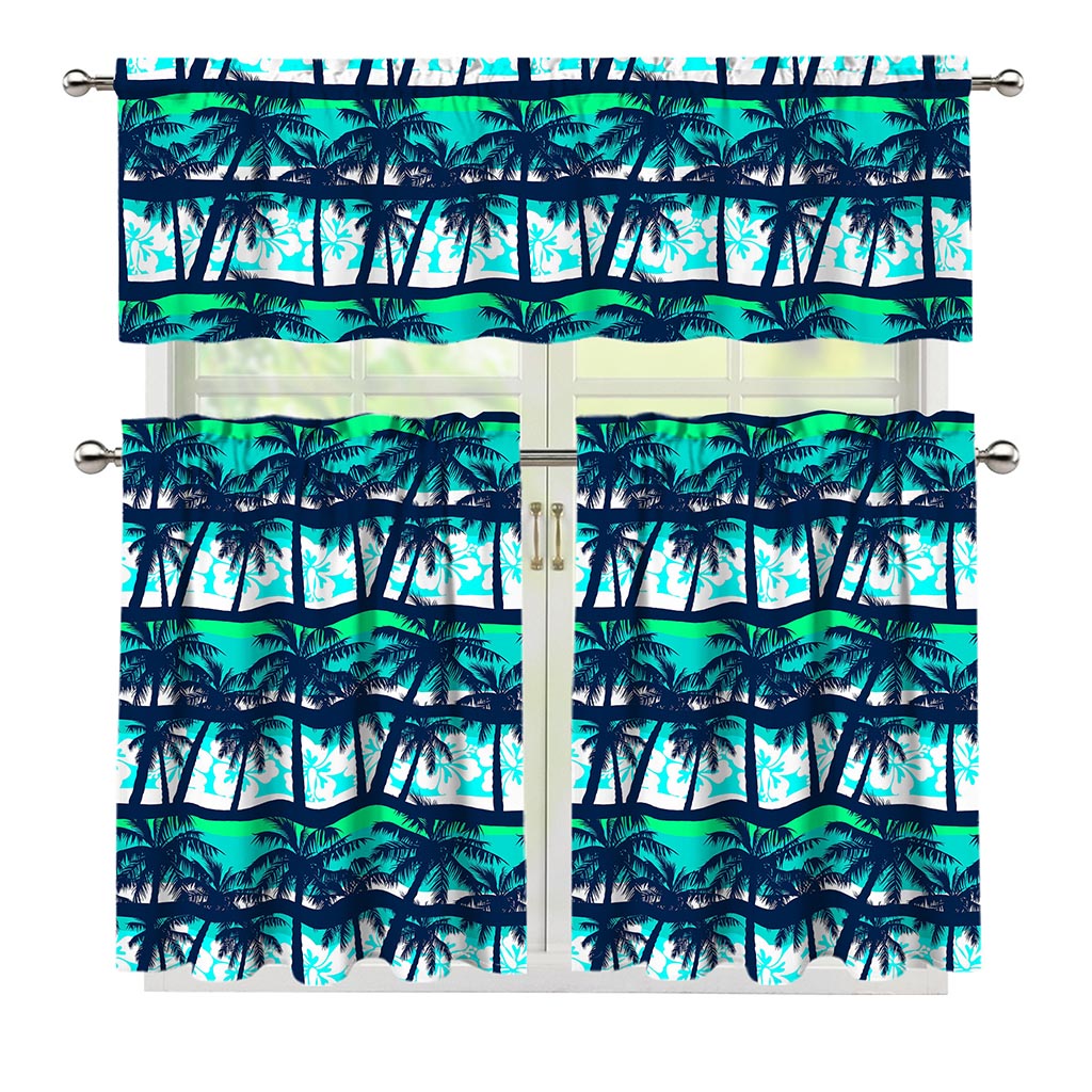 Blue Hibiscus Palm Tree Pattern Print 3 Piece Kitchen Curtains