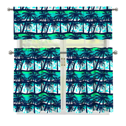 Blue Hibiscus Palm Tree Pattern Print 3 Piece Kitchen Curtains
