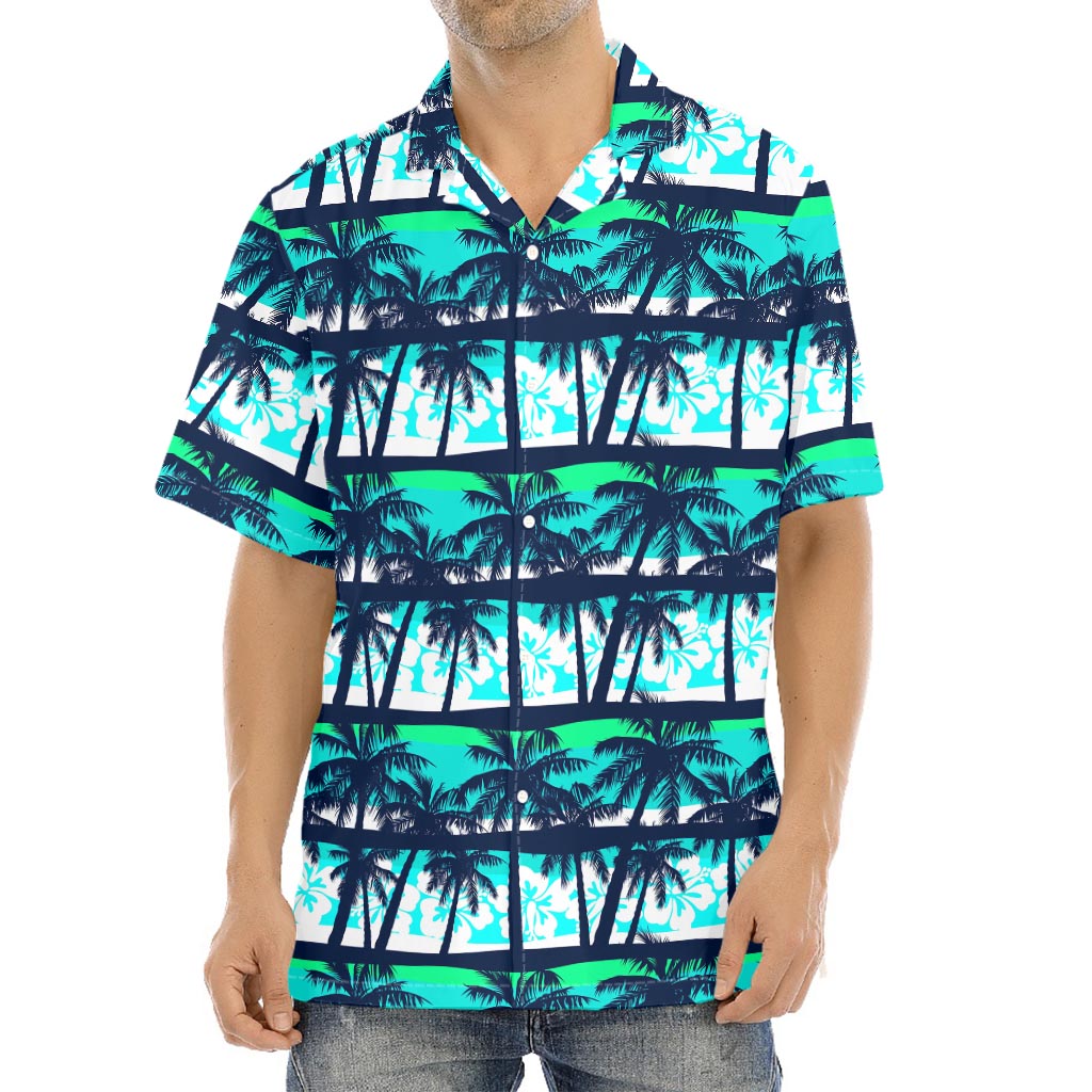 Blue Hibiscus Palm Tree Pattern Print Aloha Shirt