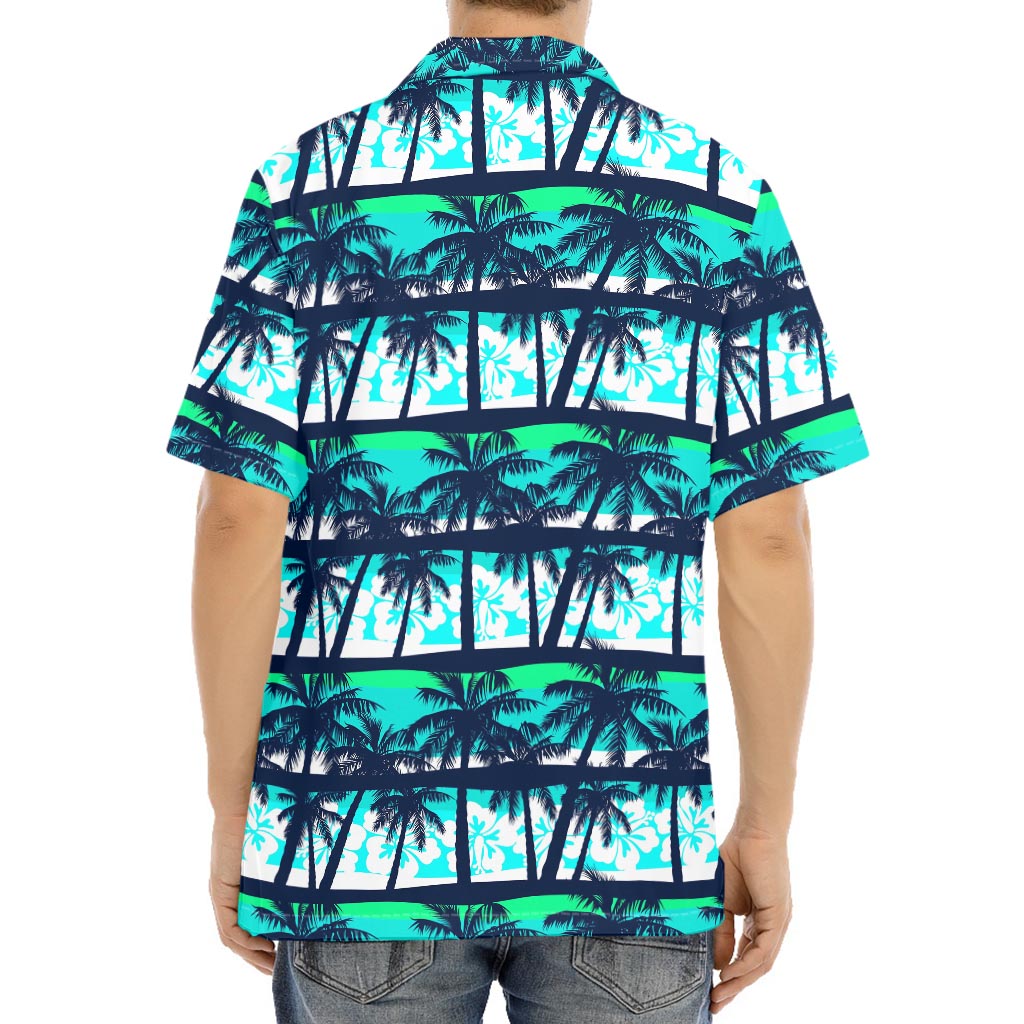 Blue Hibiscus Palm Tree Pattern Print Aloha Shirt