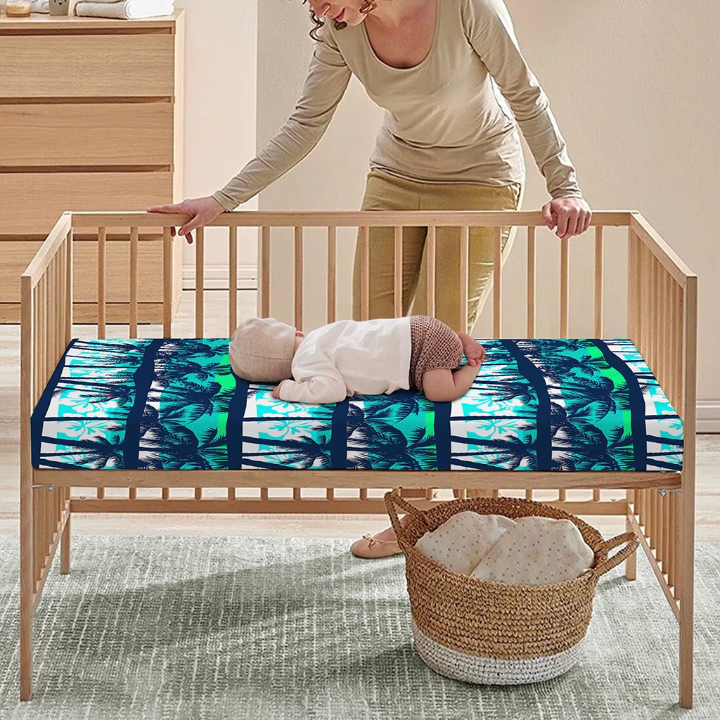 Blue Hibiscus Palm Tree Pattern Print Baby Crib Sheet