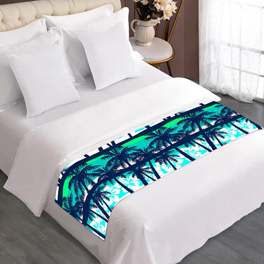 Blue Hibiscus Palm Tree Pattern Print Bed Runner