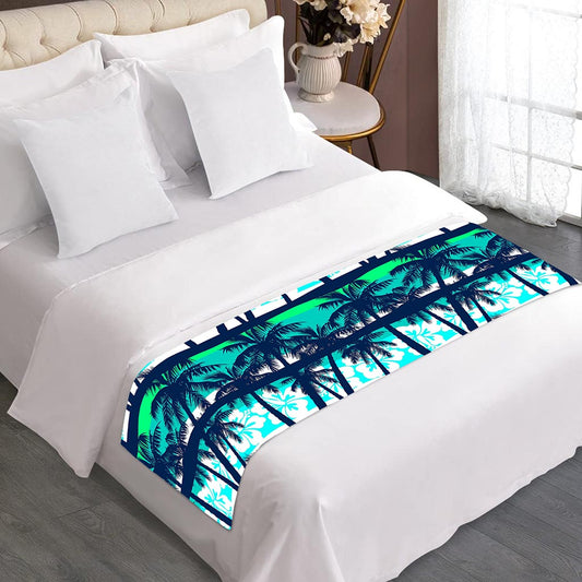 Blue Hibiscus Palm Tree Pattern Print Bed Runner