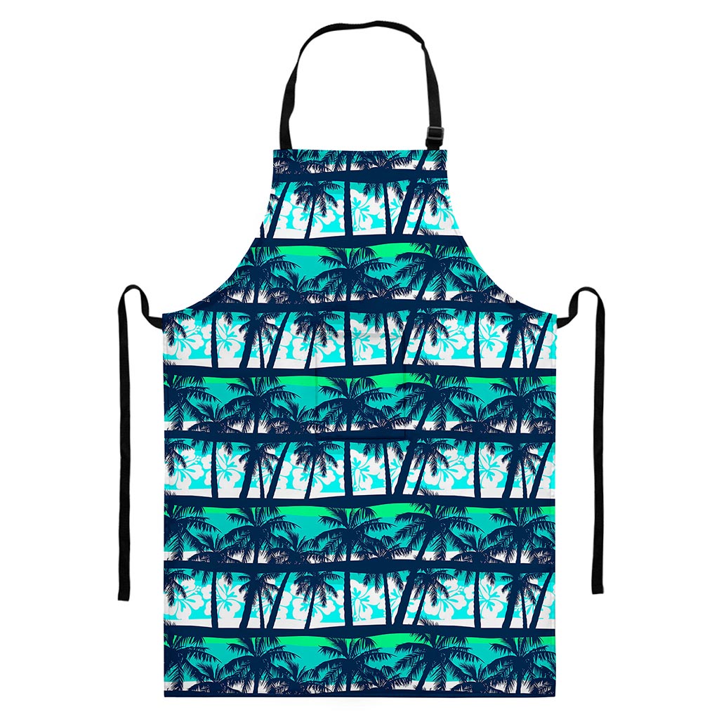 Blue Hibiscus Palm Tree Pattern Print Bib Apron With Pocket