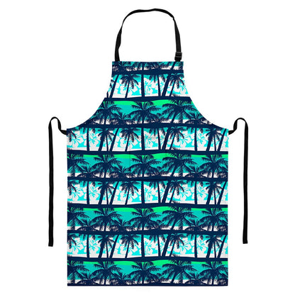 Blue Hibiscus Palm Tree Pattern Print Bib Apron With Pocket