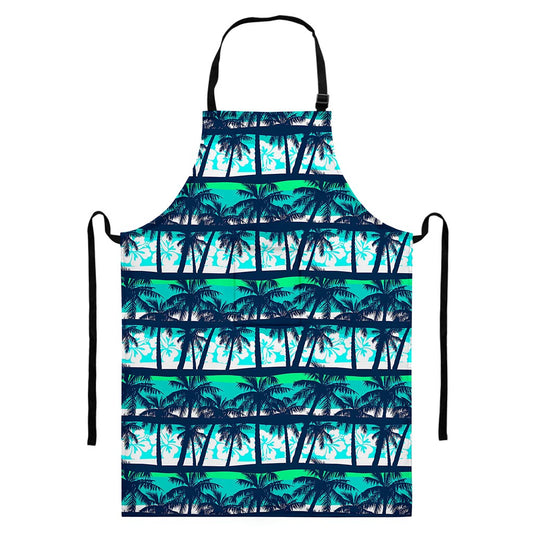Blue Hibiscus Palm Tree Pattern Print Bib Apron With Pocket