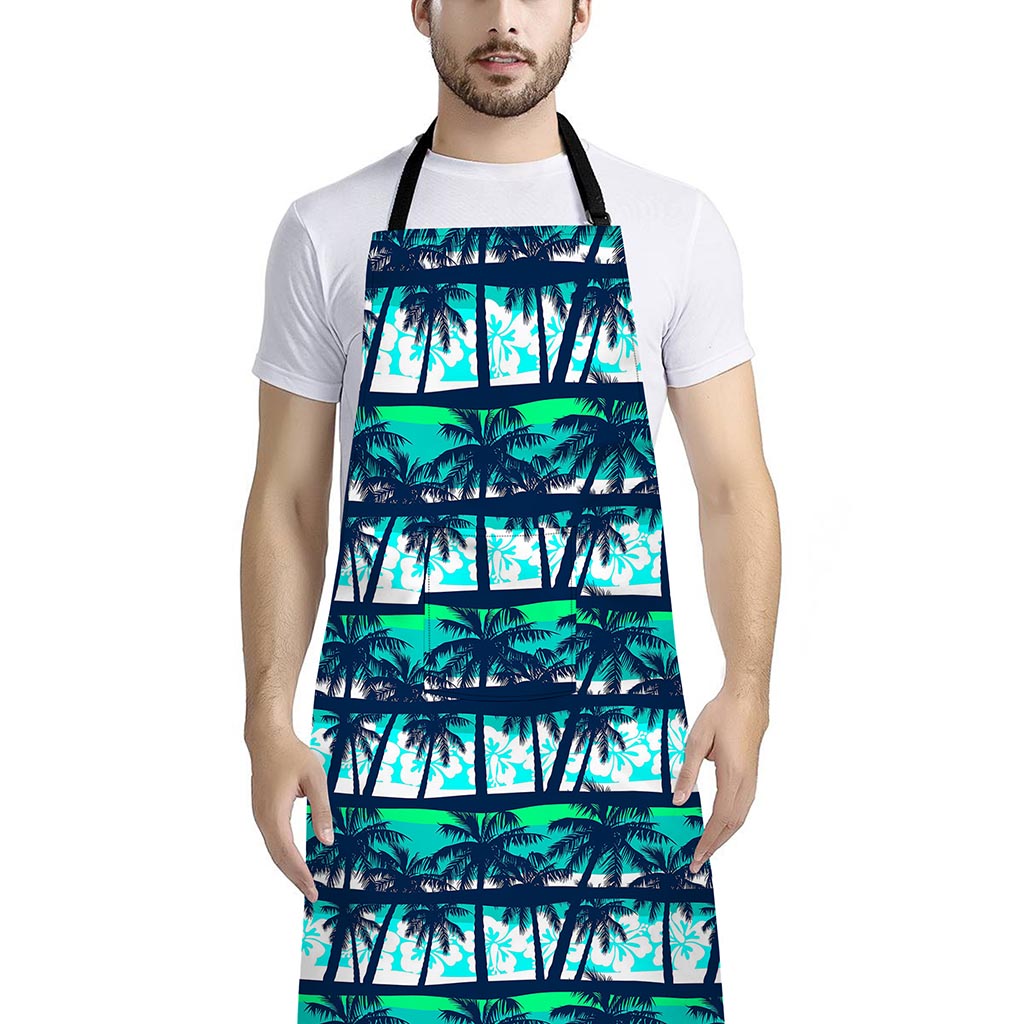 Blue Hibiscus Palm Tree Pattern Print Bib Apron With Pocket