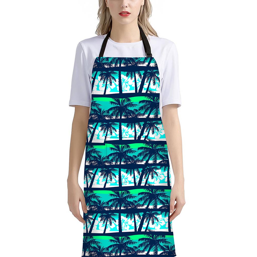 Blue Hibiscus Palm Tree Pattern Print Bib Apron With Pocket