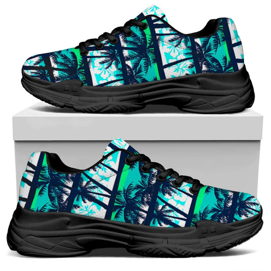 Blue Hibiscus Palm Tree Pattern Print Black Chunky Shoes