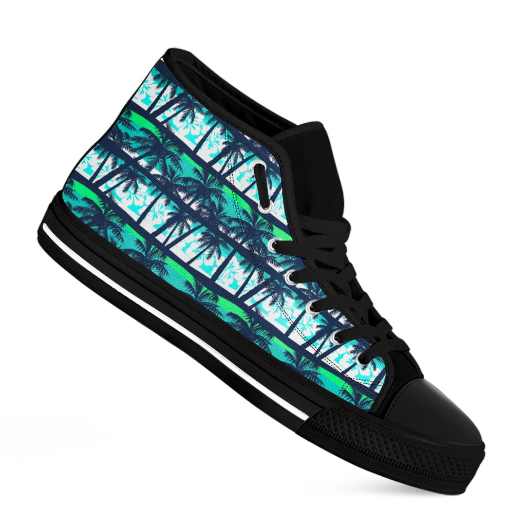 Blue Hibiscus Palm Tree Pattern Print Black High Top Sneakers