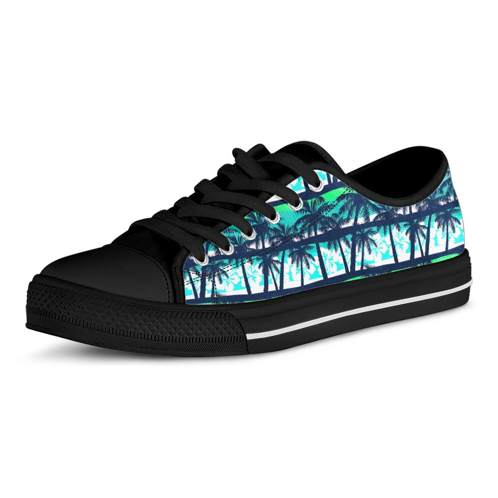 Blue Hibiscus Palm Tree Pattern Print Black Low Top Sneakers