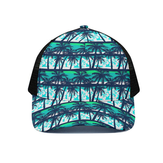 Blue Hibiscus Palm Tree Pattern Print Black Mesh Trucker Cap