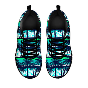 Blue Hibiscus Palm Tree Pattern Print Black Running Shoes