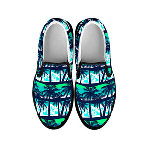 Blue Hibiscus Palm Tree Pattern Print Black Slip On Sneakers