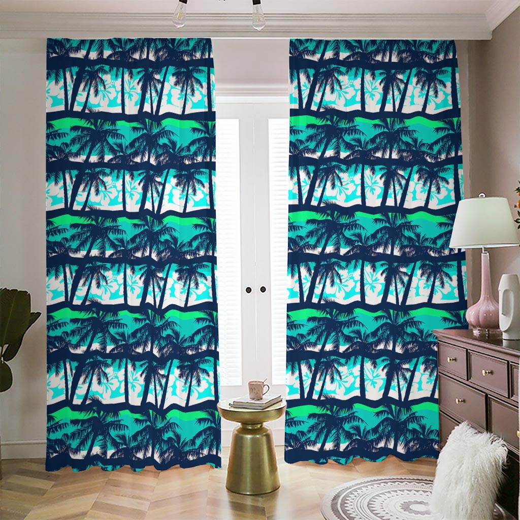 Blue Hibiscus Palm Tree Pattern Print Blackout Pencil Pleat Curtains