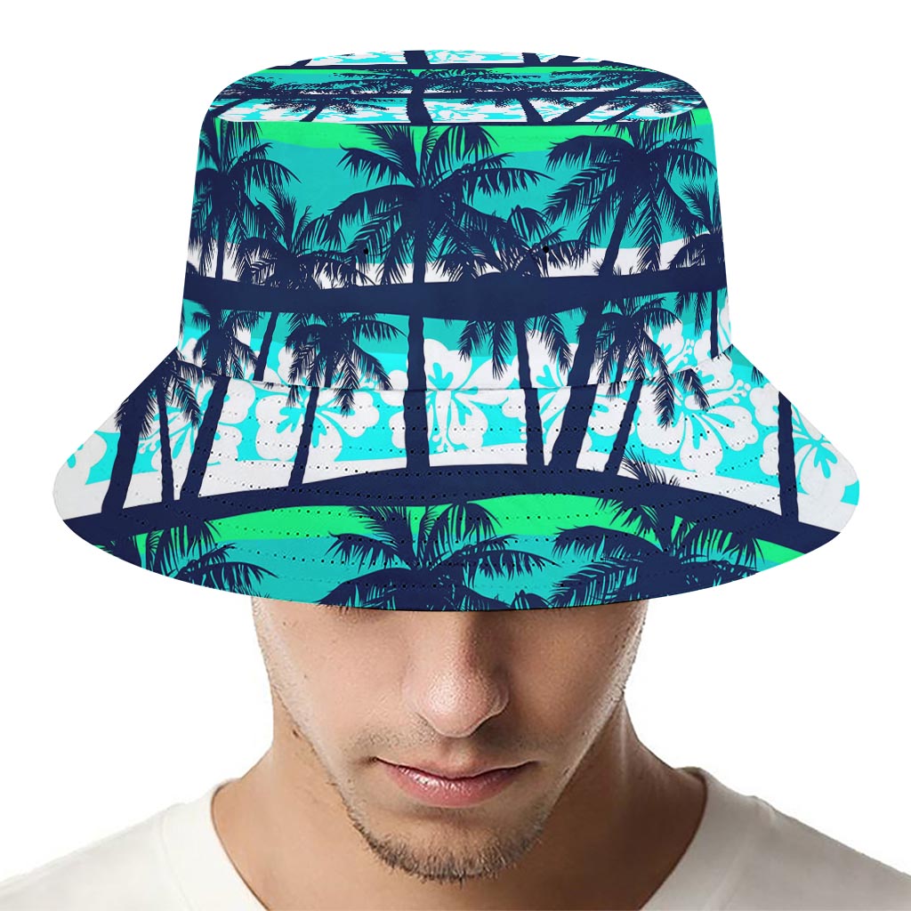 Blue Hibiscus Palm Tree Pattern Print Bucket Hat