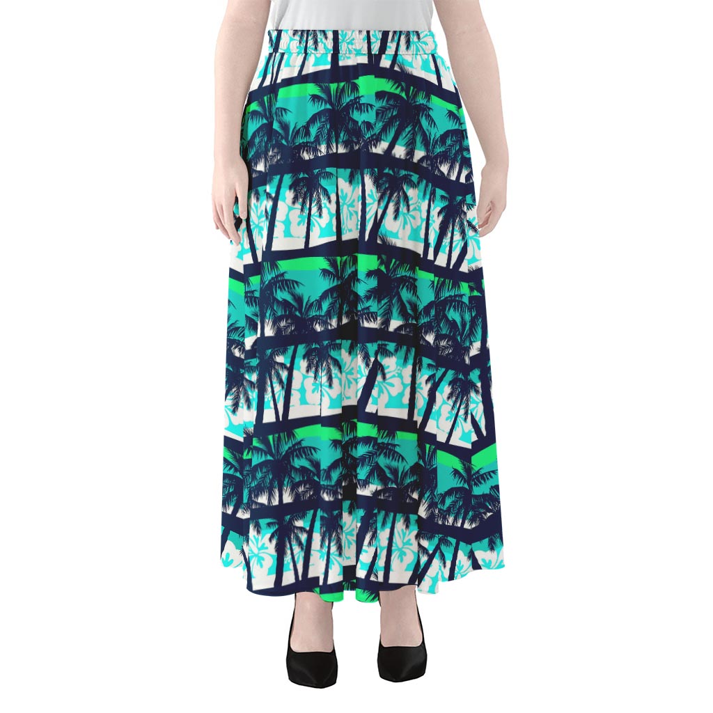 Blue Hibiscus Palm Tree Pattern Print Chiffon Maxi Skirt