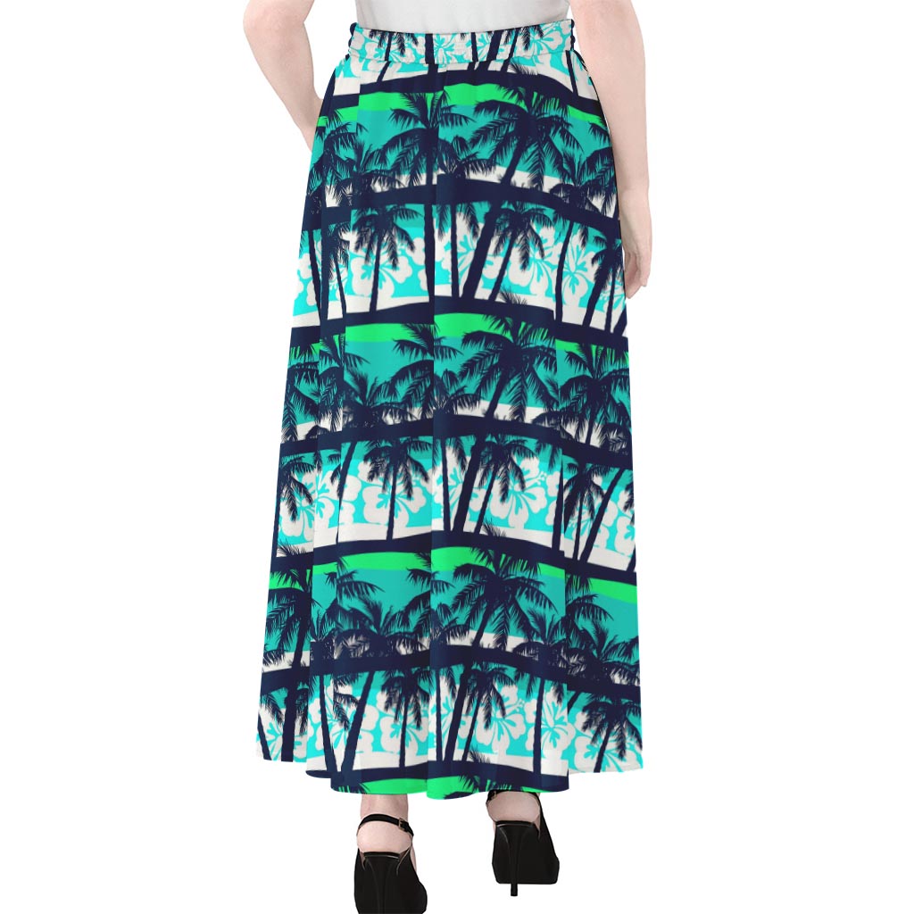 Blue Hibiscus Palm Tree Pattern Print Chiffon Maxi Skirt