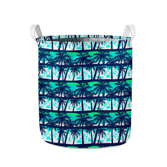 Blue Hibiscus Palm Tree Pattern Print Collapsible Laundry Basket
