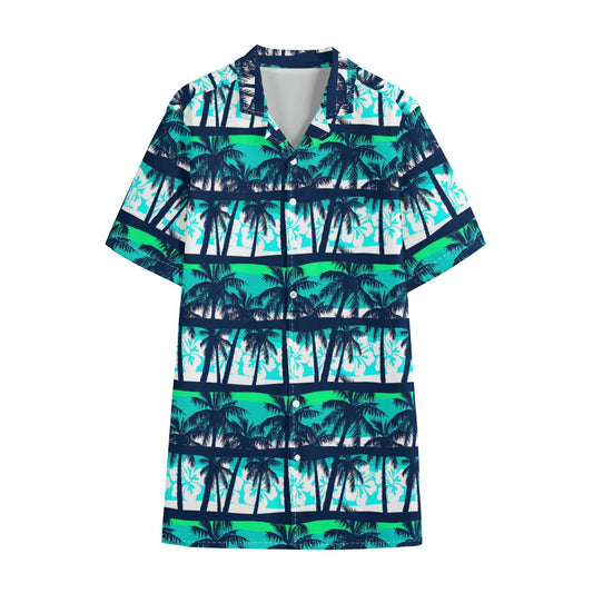 Blue Hibiscus Palm Tree Pattern Print Cotton Hawaiian Shirt