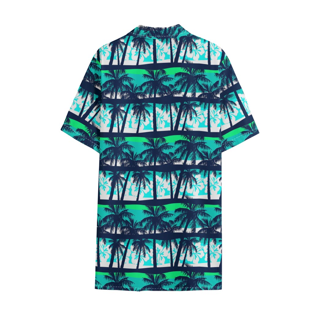 Blue Hibiscus Palm Tree Pattern Print Cotton Hawaiian Shirt