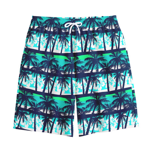 Blue Hibiscus Palm Tree Pattern Print Cotton Shorts
