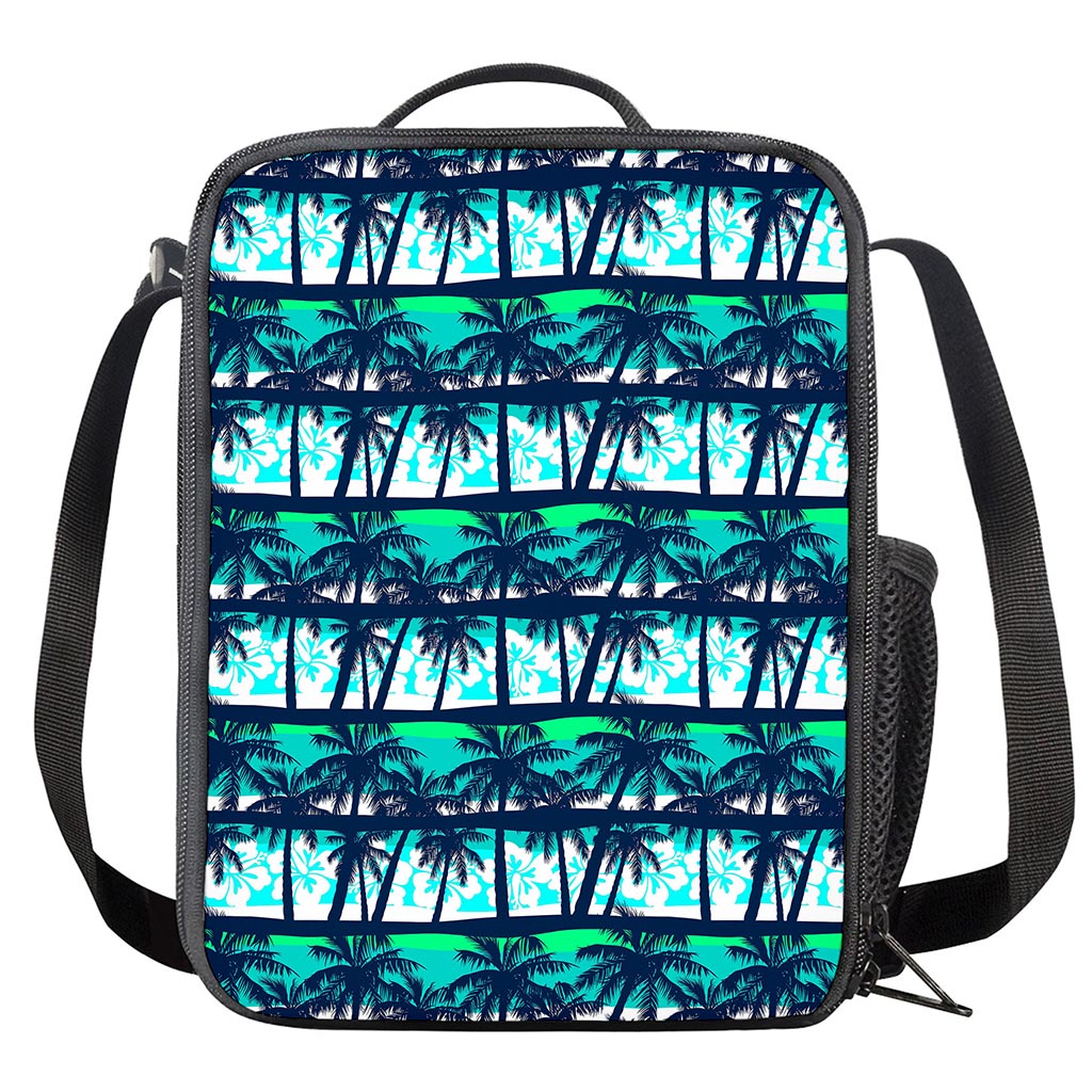 Blue Hibiscus Palm Tree Pattern Print Crossbody Lunch Bag