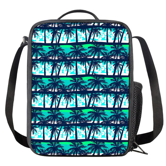 Blue Hibiscus Palm Tree Pattern Print Crossbody Lunch Bag