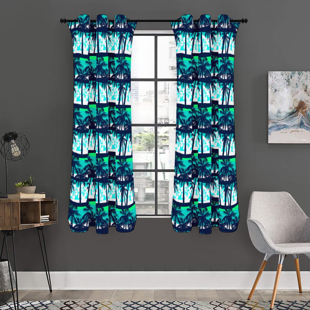 Blue Hibiscus Palm Tree Pattern Print Curtain