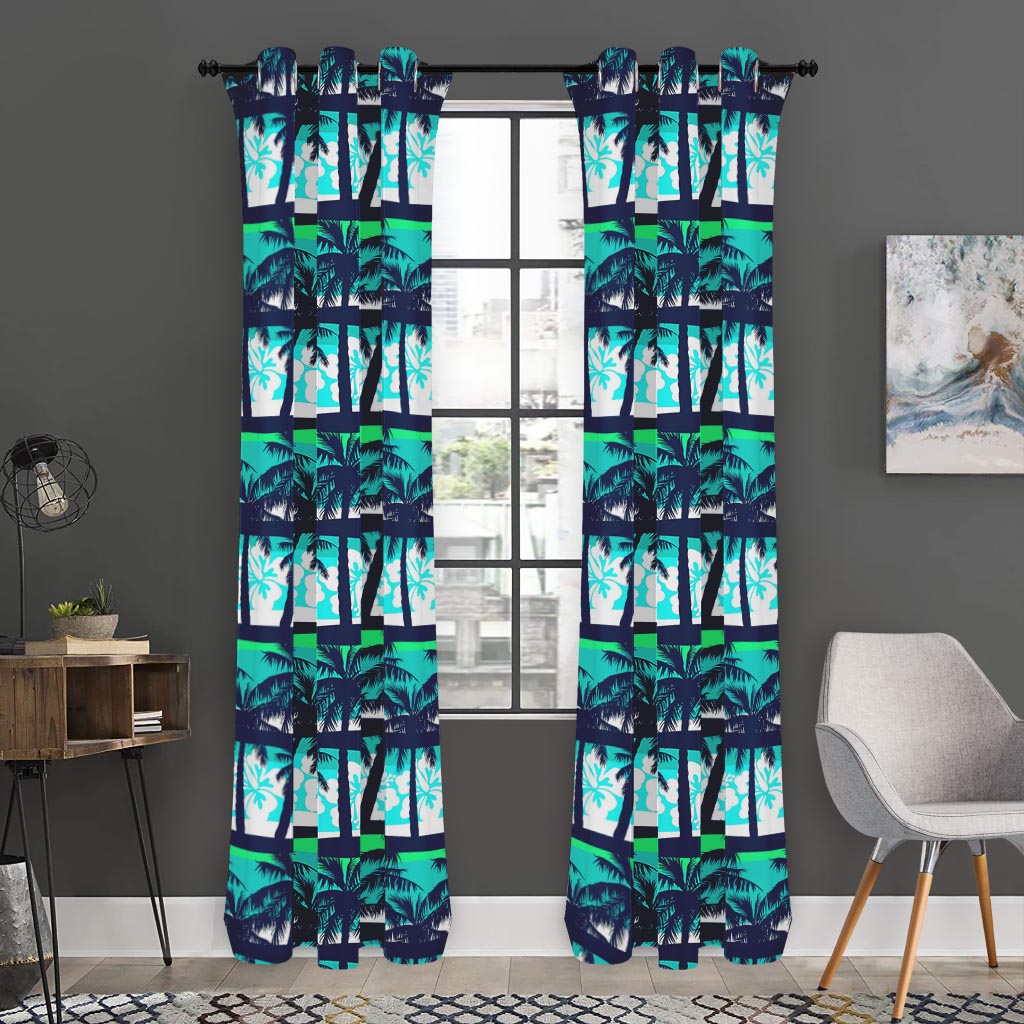 Blue Hibiscus Palm Tree Pattern Print Curtain