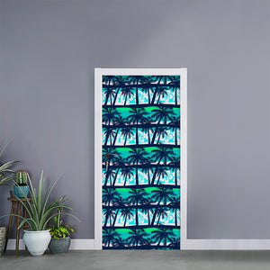 Blue Hibiscus Palm Tree Pattern Print Door Sticker
