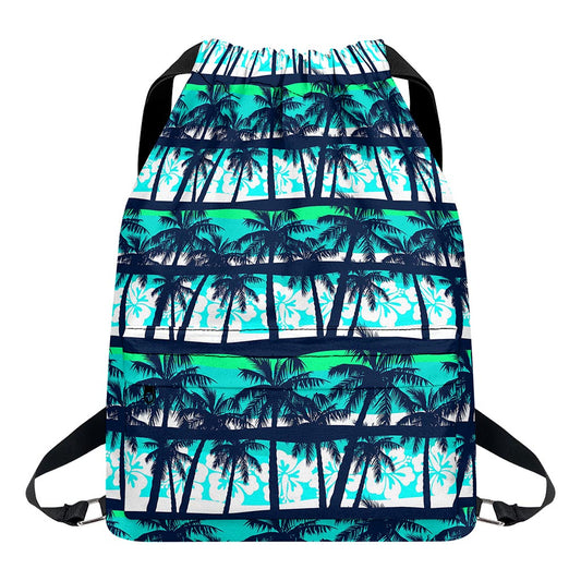 Blue Hibiscus Palm Tree Pattern Print Drawstring Backpack