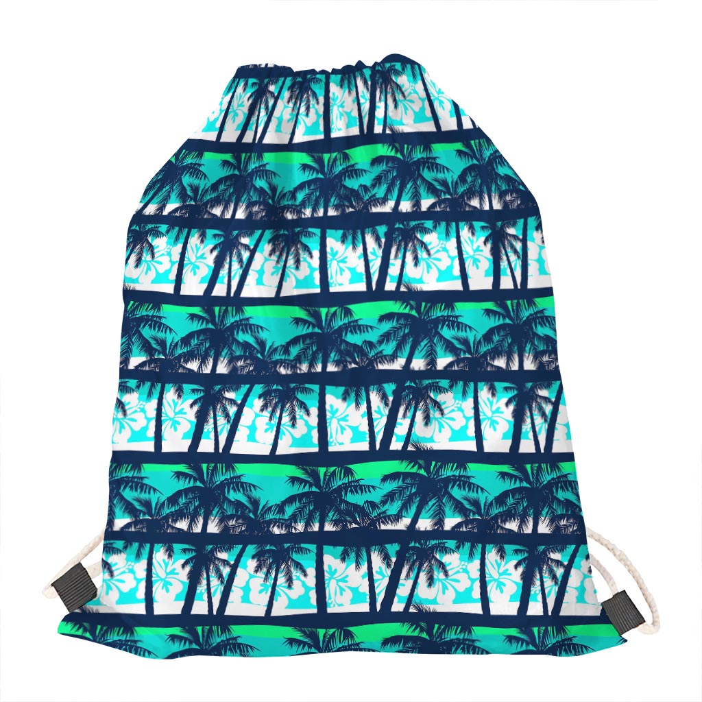 Blue Hibiscus Palm Tree Pattern Print Drawstring Bag
