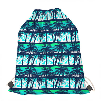 Blue Hibiscus Palm Tree Pattern Print Drawstring Bag