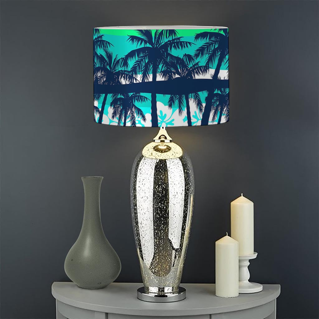 Blue Hibiscus Palm Tree Pattern Print Drum Lamp Shade