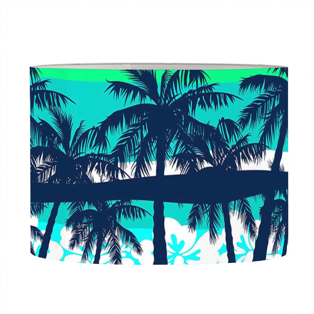 Blue Hibiscus Palm Tree Pattern Print Drum Lamp Shade