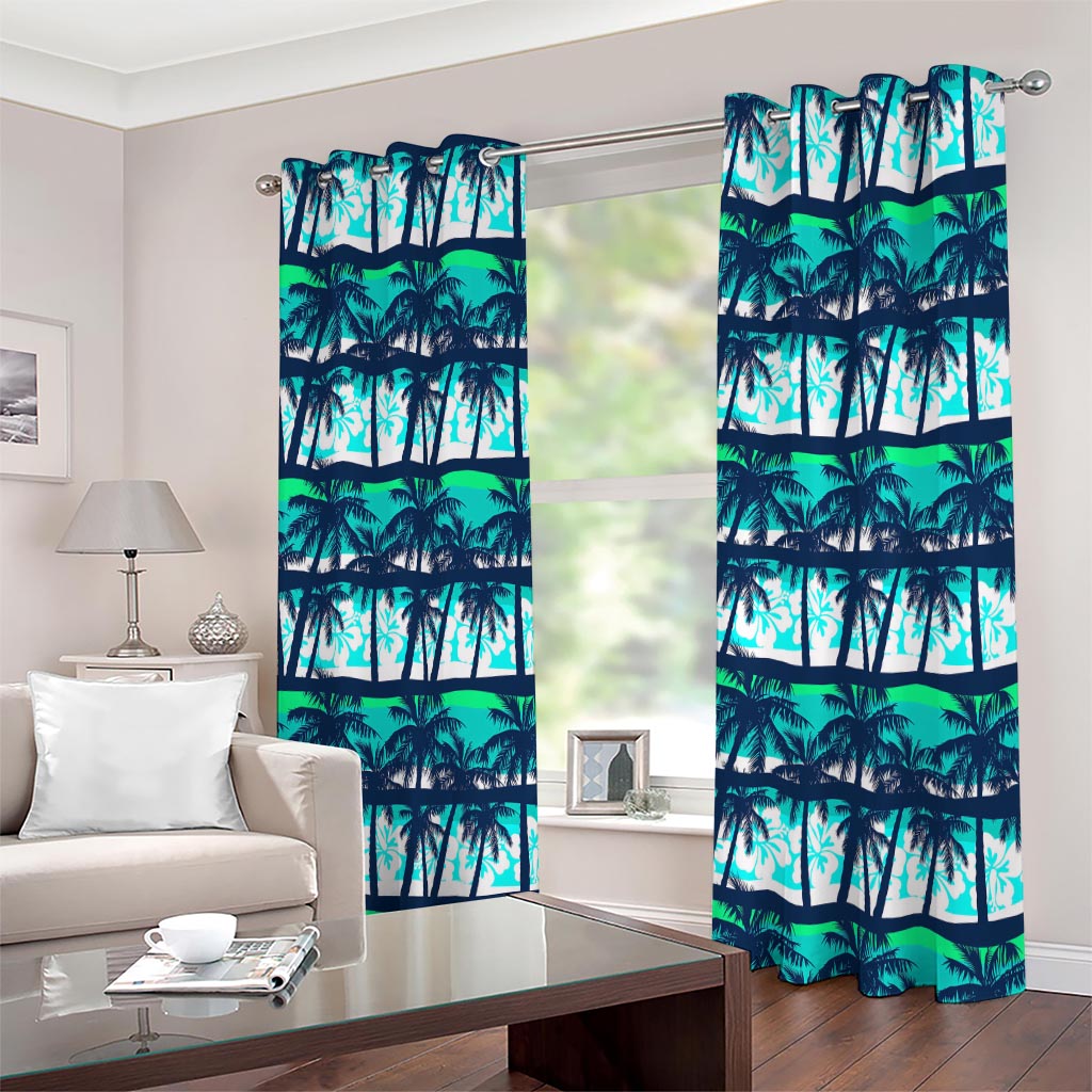 Blue Hibiscus Palm Tree Pattern Print Extra Wide Grommet Curtains