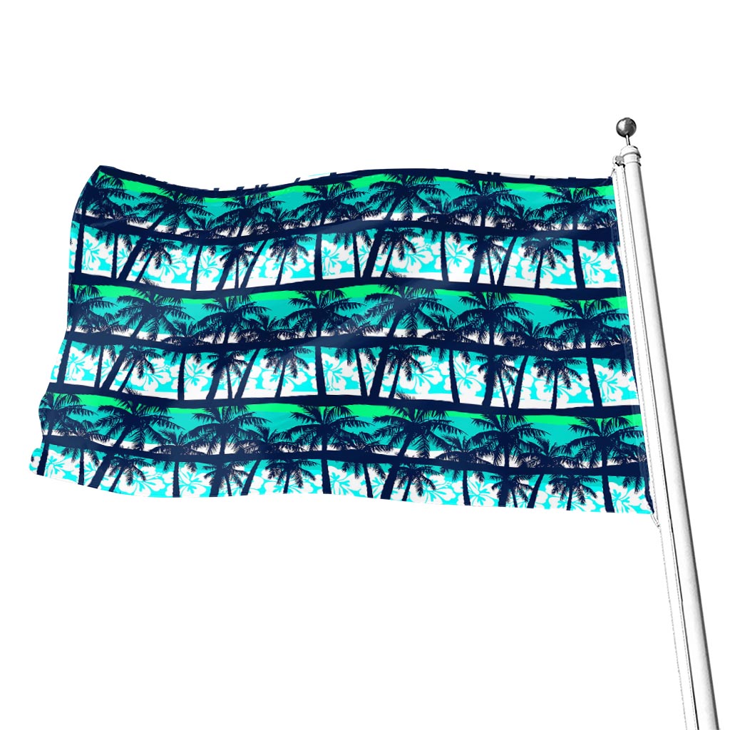Blue Hibiscus Palm Tree Pattern Print Flag