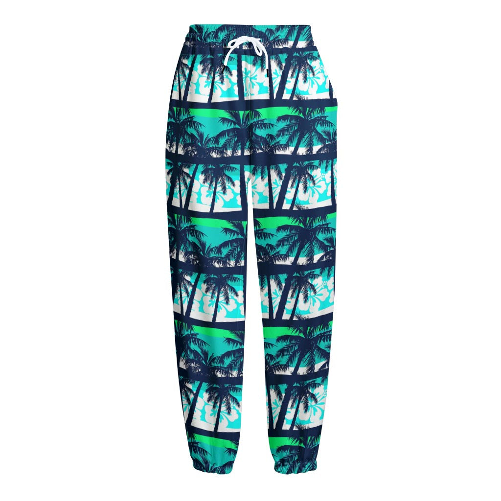 Blue Hibiscus Palm Tree Pattern Print Fleece Lined Knit Pants