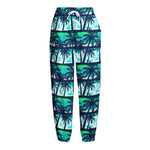 Blue Hibiscus Palm Tree Pattern Print Fleece Lined Knit Pants