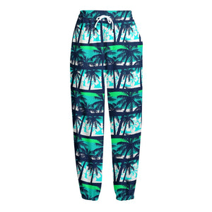 Blue Hibiscus Palm Tree Pattern Print Fleece Lined Knit Pants