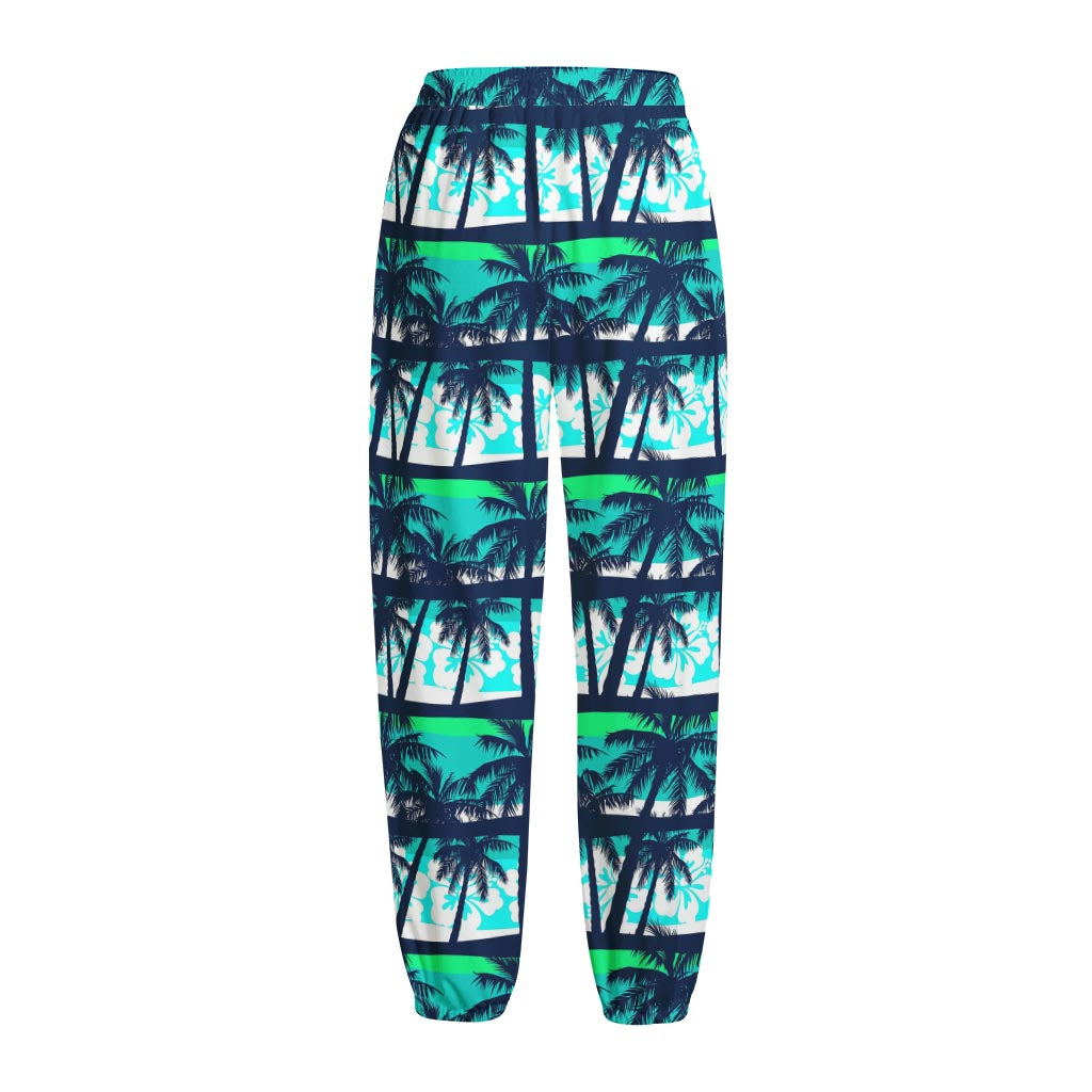 Blue Hibiscus Palm Tree Pattern Print Fleece Lined Knit Pants