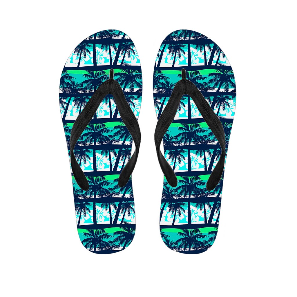 Blue Hibiscus Palm Tree Pattern Print Flip Flops
