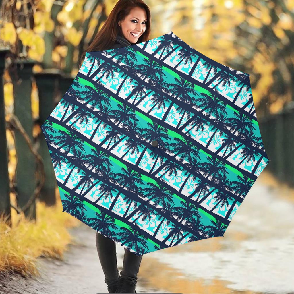 Blue Hibiscus Palm Tree Pattern Print Foldable Umbrella