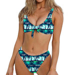 Blue Hibiscus Palm Tree Pattern Print Front Bow Tie Bikini