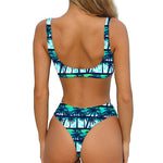 Blue Hibiscus Palm Tree Pattern Print Front Bow Tie Bikini
